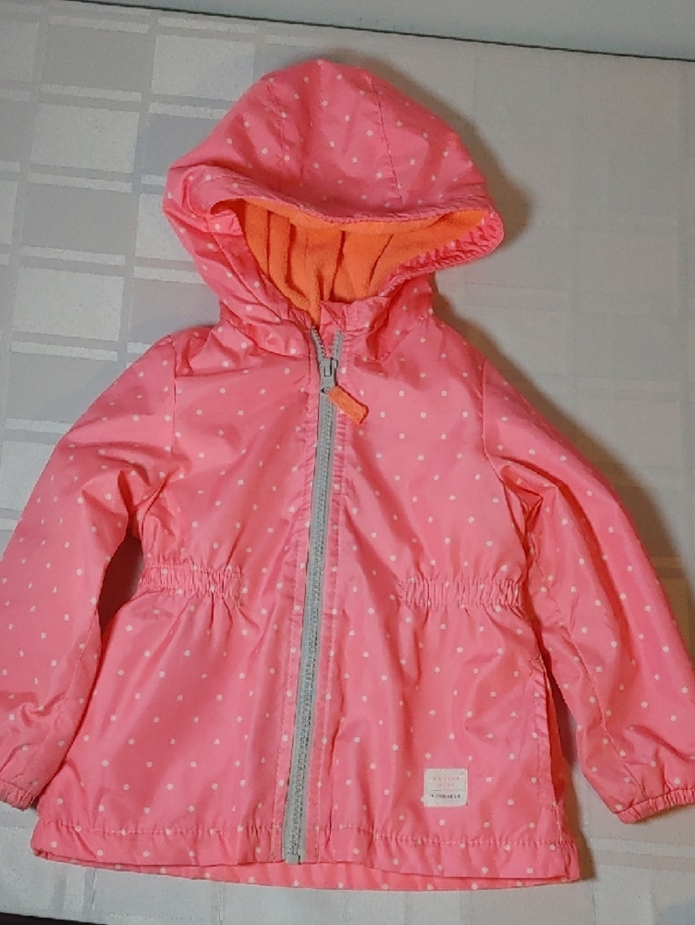 (4/$20) Carter's Pink Polka Dot Hooded Spring Coat with Orange Fleece Lining